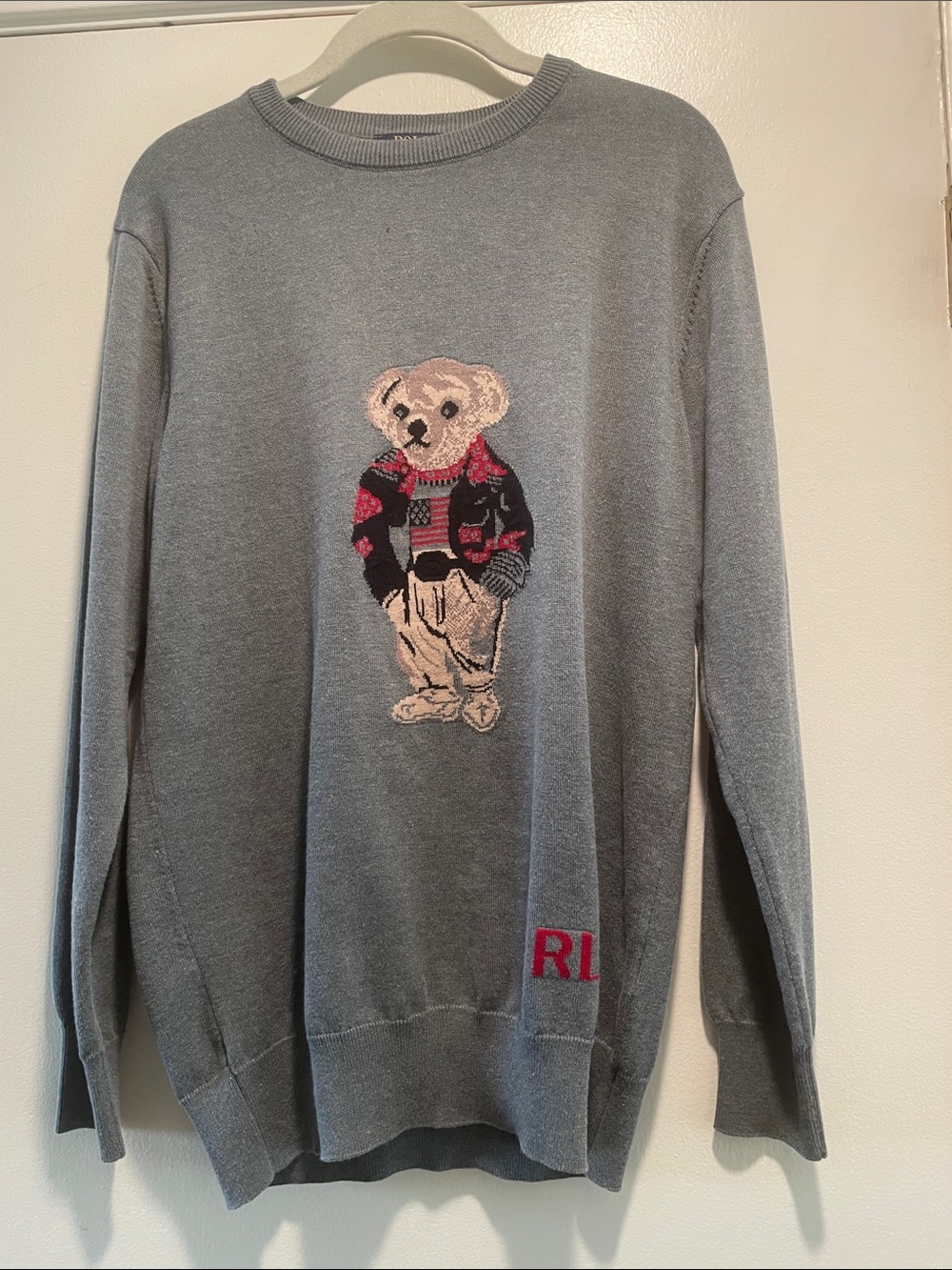 Ralph Lauren Gray Bear Intarsia Crewneck Sweater with Red Accents